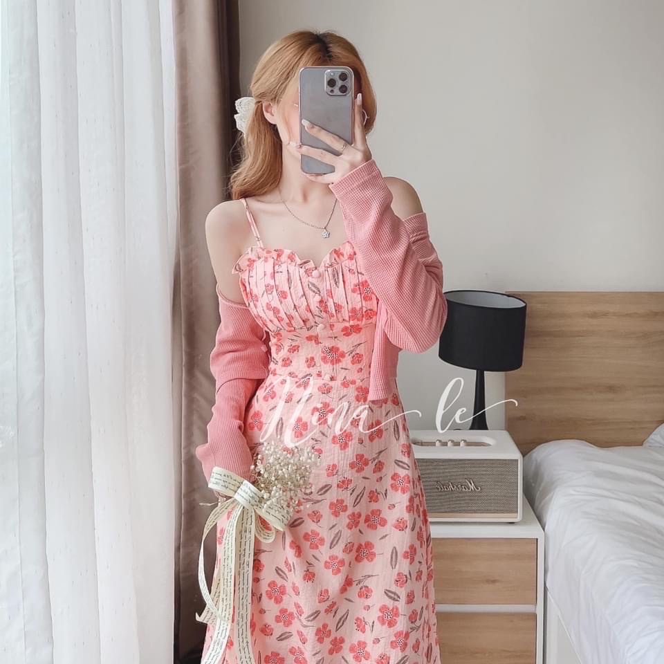 Set đầm midi hoa kèm áo khoác hồng