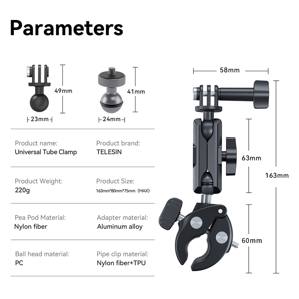 Kẹp Ghi Đông Telesin Cho GoPro, Sjcam, Yi Action, Osmo Action, Điện Thoại Trên xe đạp, xe máy, mô tô