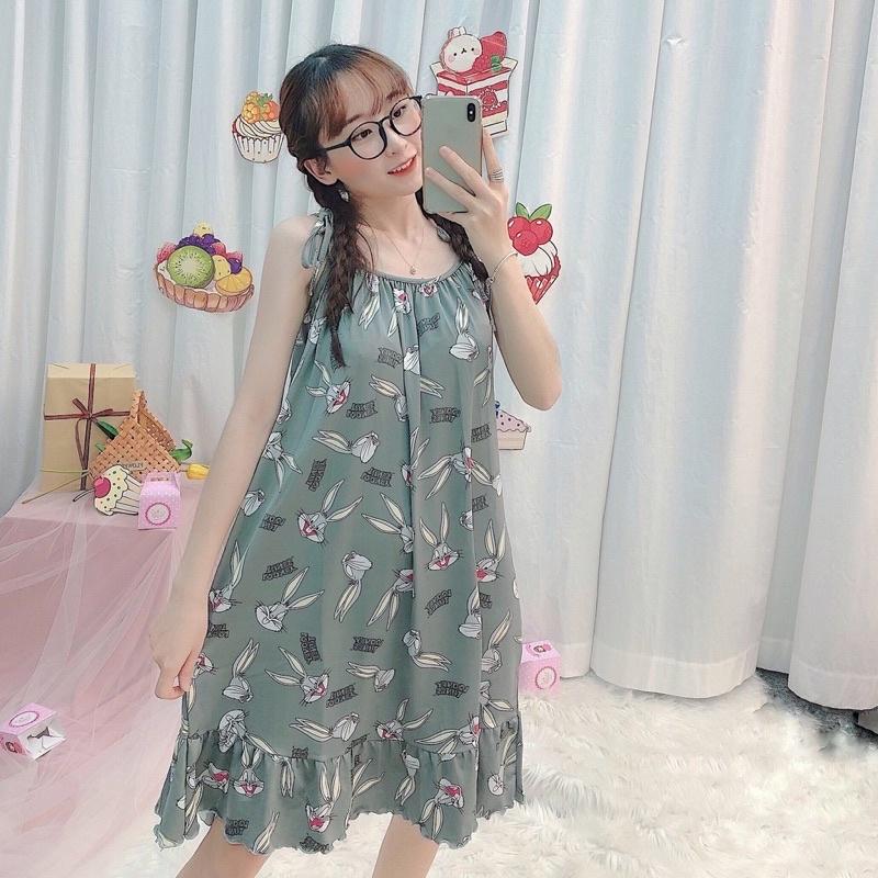 Đầm ngủ 2 dây thắt nơ vai , chất liệu thun sữa mềm mại - xinh xắn