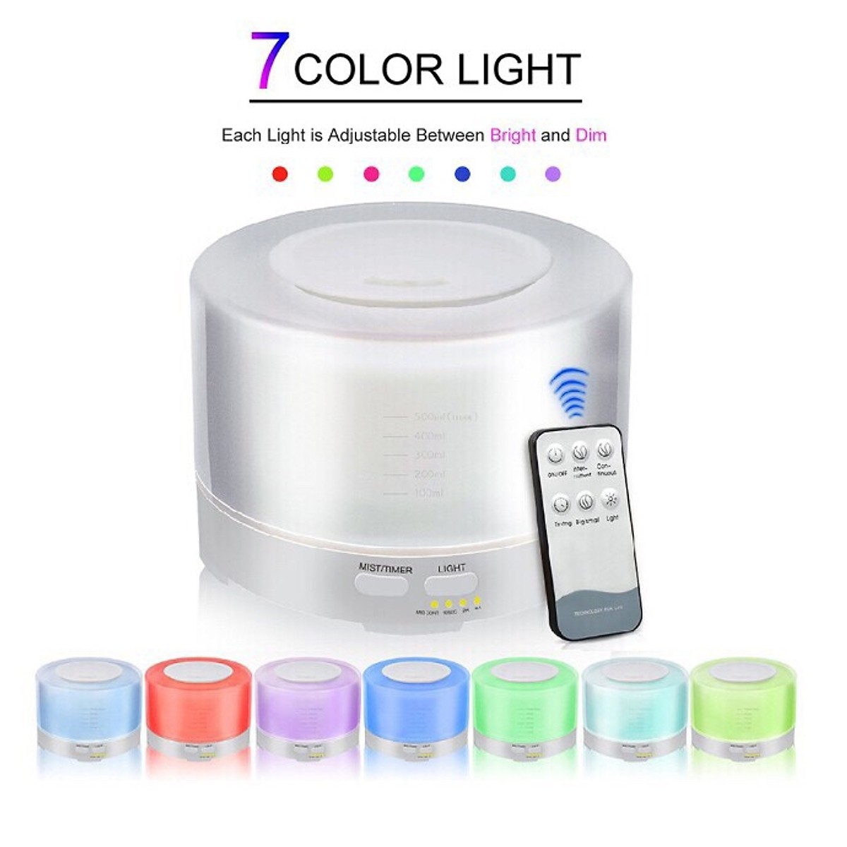 Máy Xông Tinh Dầu 7 Sắc Thái 550 ML Có Remote, Tinh Dầu 10ml | 7 Led Cực Đẹp - Tinh Tế - Tiết Kiệm | Công Nghệ Siêu Âm Tiên Tiến | DDXTDTT - Hình Trụ Trong