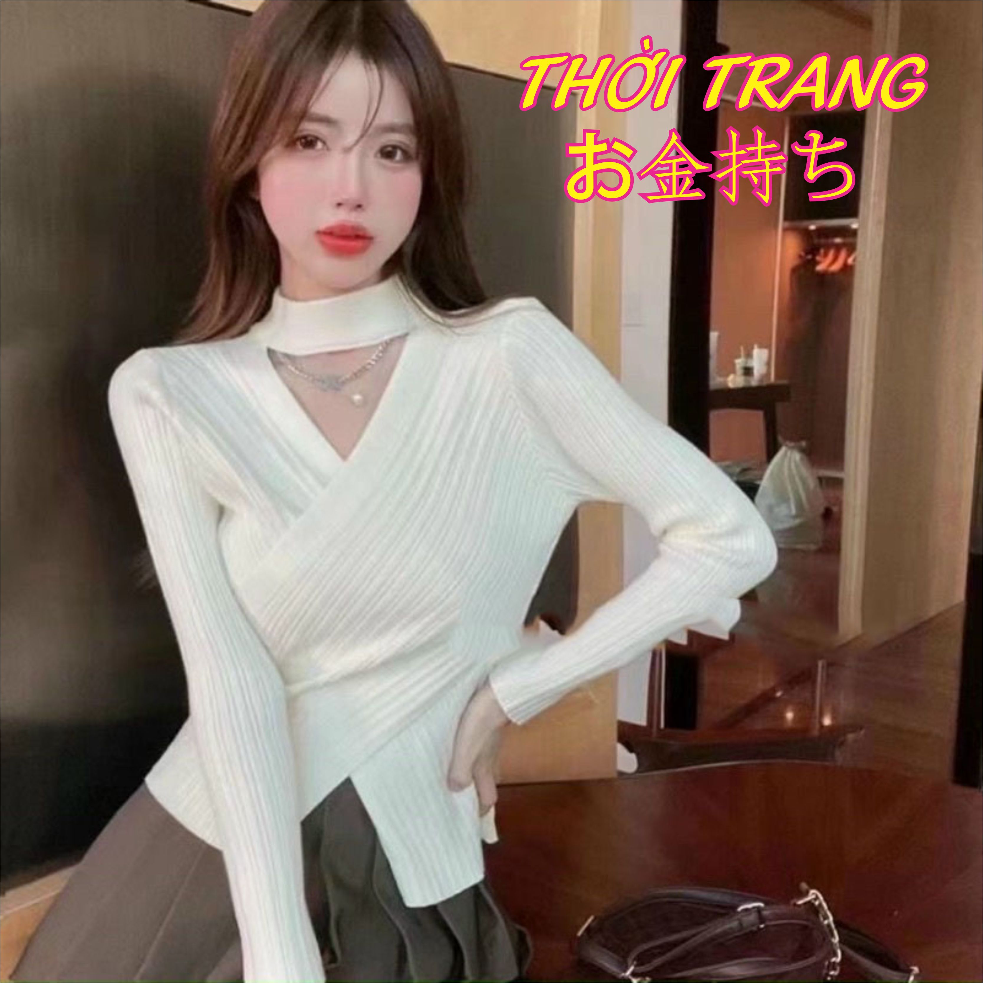 Áo len nữ kiểu len vạt chéo cổ choker dài tay dáng ôm chất đẹp 3432