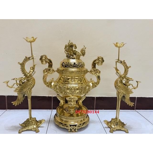 Bộ đỉnh thờ bằng đồng vàng trơn cao 45cm