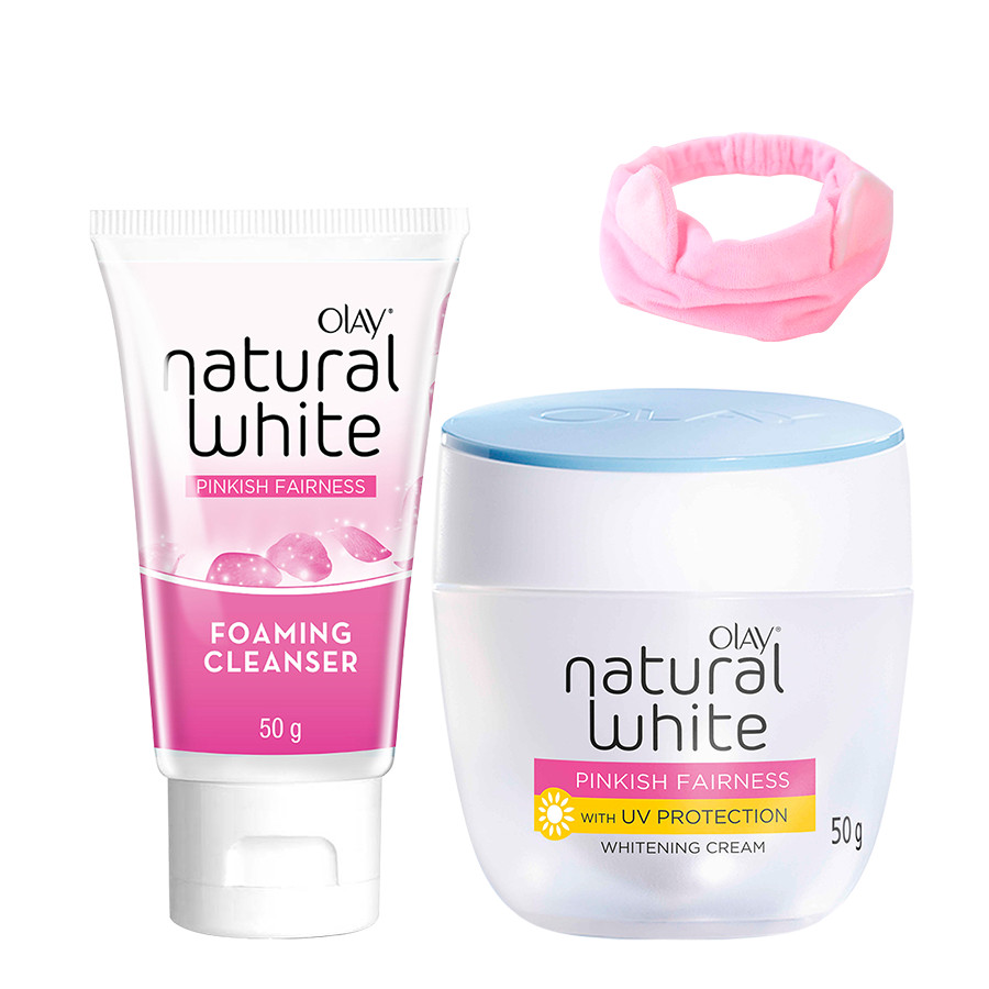 Combo Kem dưỡng trắng hồng Olay Natural White Pinkish và Sữa rửa mặt - Tặng Băng đô tai mèo xinh xắn