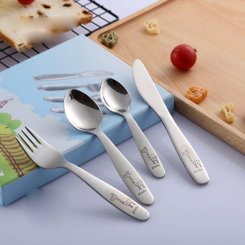 4 Cái/gói Thép Không Gỉ 304 Trẻ Em Dao Kéo Hoa Văn Hoạt Hình Khắc Trẻ Em Bộ Đồ Ăn Phương Tây Bộ Đồ Ăn Bộ Dao Kéo