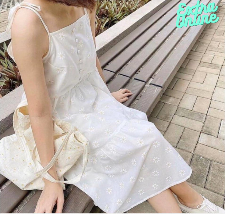 Váy Hai Dây Hoa Nhí Hình Cúc Họa Mi Vintage - Đầm Hai Dây Buộc Nơ Tiểu Thư (FREESIZE cho nữ dưới 60kg)