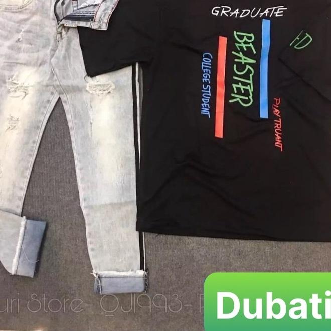 QUẦN BAGGY JEAN NAM UNISEX CHẤT BÒ TRẮNG XANH 2 SỌC RÁCH SOÁI KA NHẬP THÁI - DB 1993- DUBATI FASHION