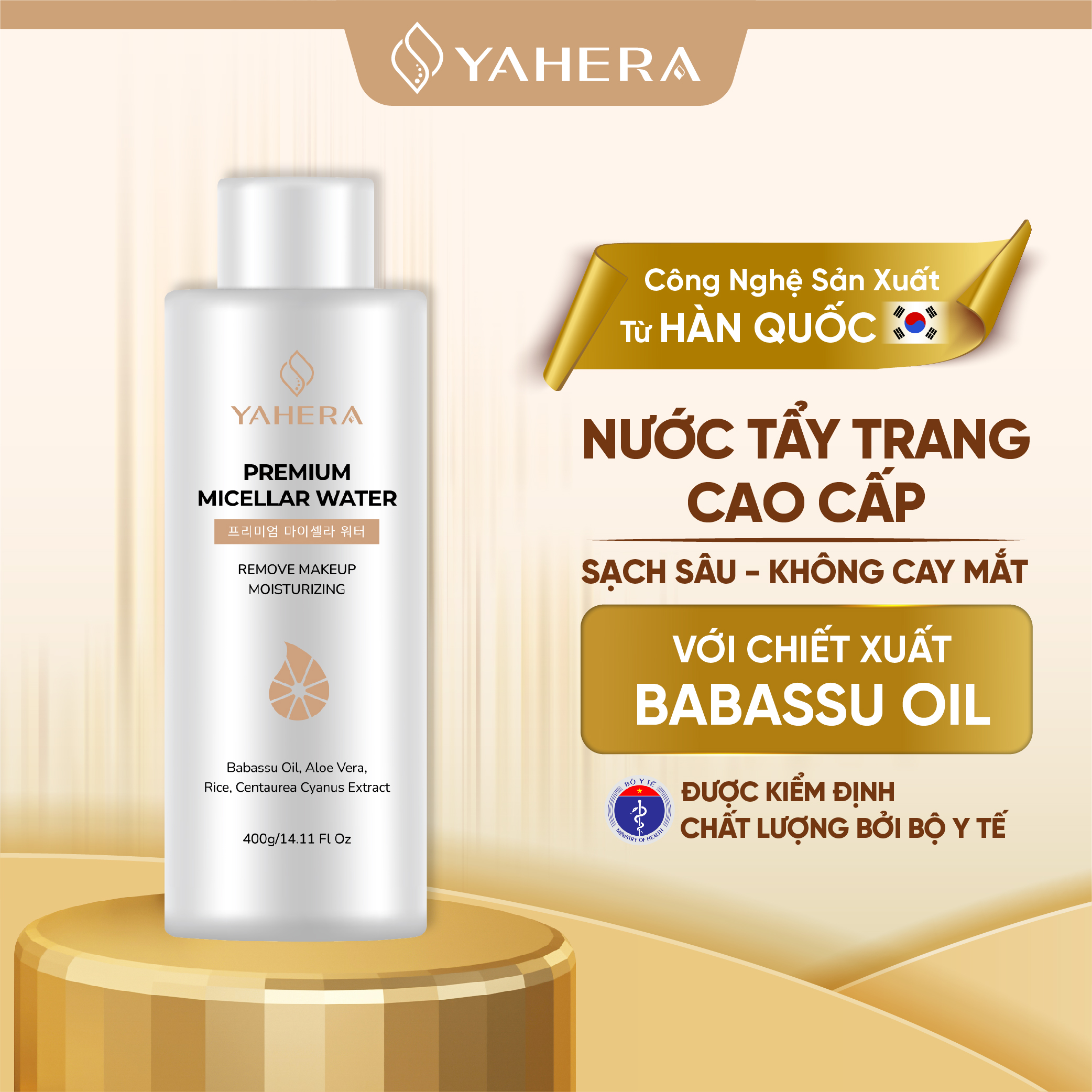 Nước tẩy trang cao cấp làm sạch sâu YAHERA Premium Cleansing Water làm sạch lớp trang điểm, bụi mịn, bã nhờn 400ml