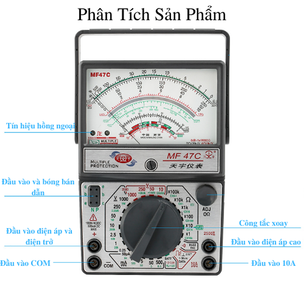 Đồng Hồ Kim Vạn Năng ABG MF47C Kỹ Thuật Số Máy Kiểm Tra Điện Áp Dòng Điện Trở Màn Hình Analog Đồng Hồ Vạn Năng Dụng Cụ Điện Dc/Ac (Không bao gồm pin)