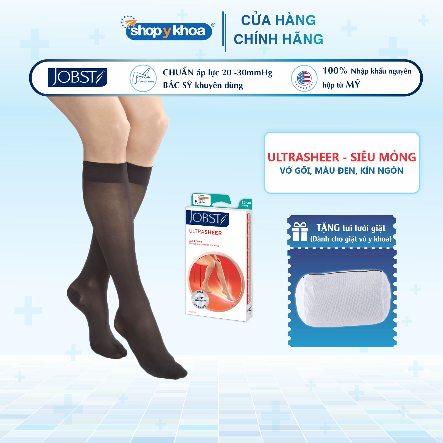 Vớ y khoa gối JOBST UltraSheer - Siêu mỏng, màu đen, kín ngón, 20-30mmHg, giãn tĩnh mạch chân (tất y khoa)