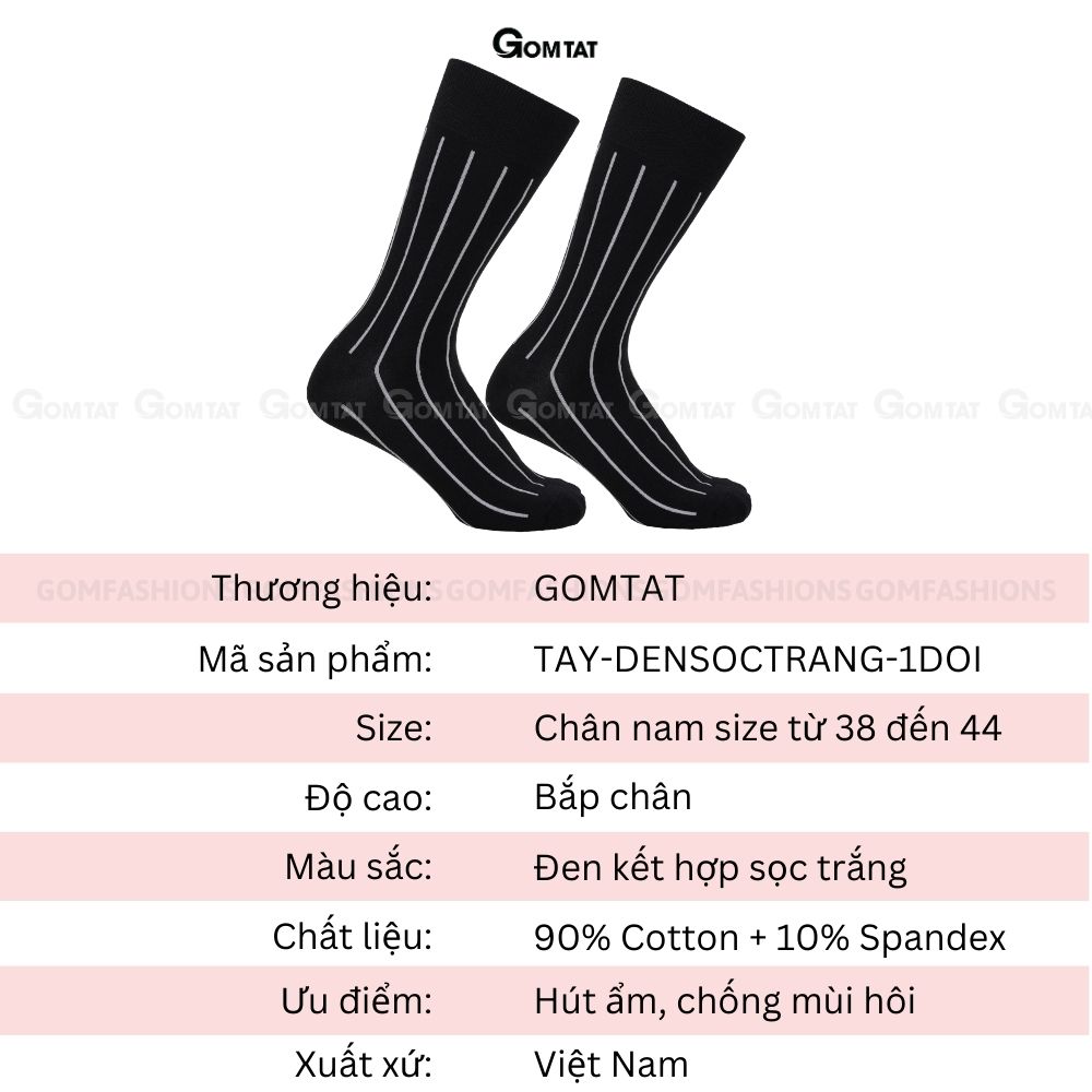 Tất vớ nam công sở cổ cao đi giày tây GOMTAT mẫu sọc trắng đen, chất liệu cotton cao cấp - TAY-DENSOCTRANG-1DOI