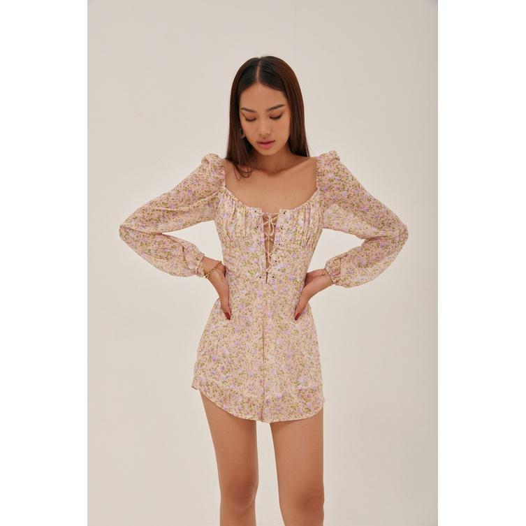 Nene Clothing - Playsuit hoa tay dài, dây đan chéo ngực