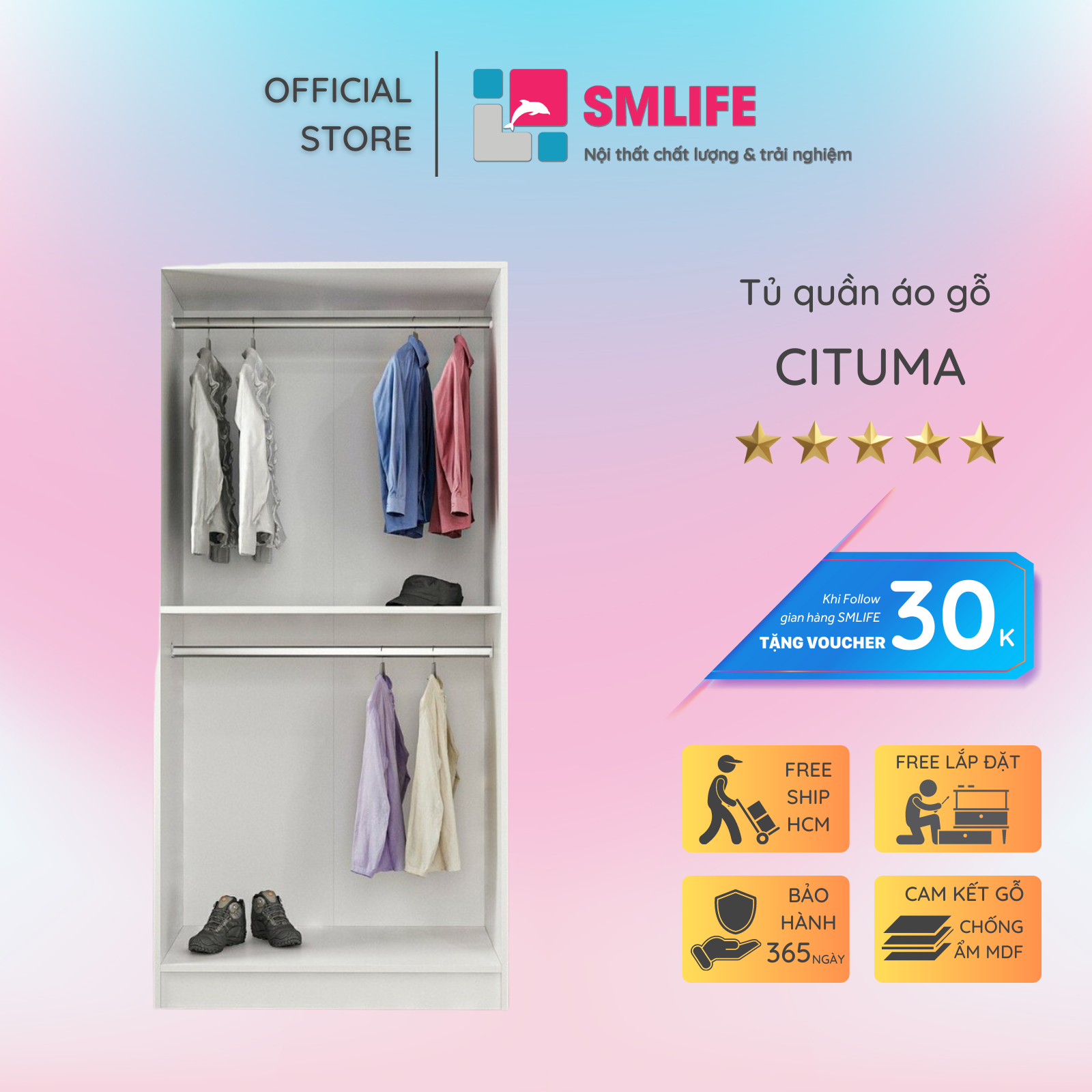 Tủ quần áo gỗ hiện đại SMLIFE Cituma  | Gỗ MDF dày 17mm chống ẩm | D90xR52xC190cm