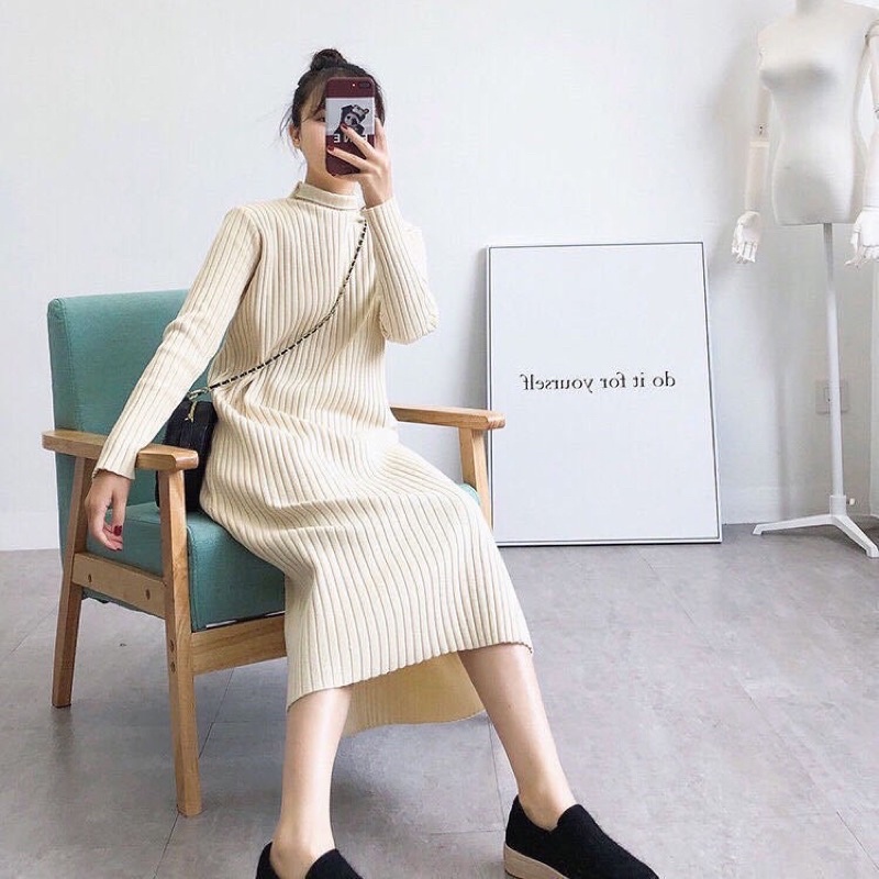 Giảm giá Váy len cao cổ dáng dài xẻ tà thời trang thu đông hàn quốc   BeeCost