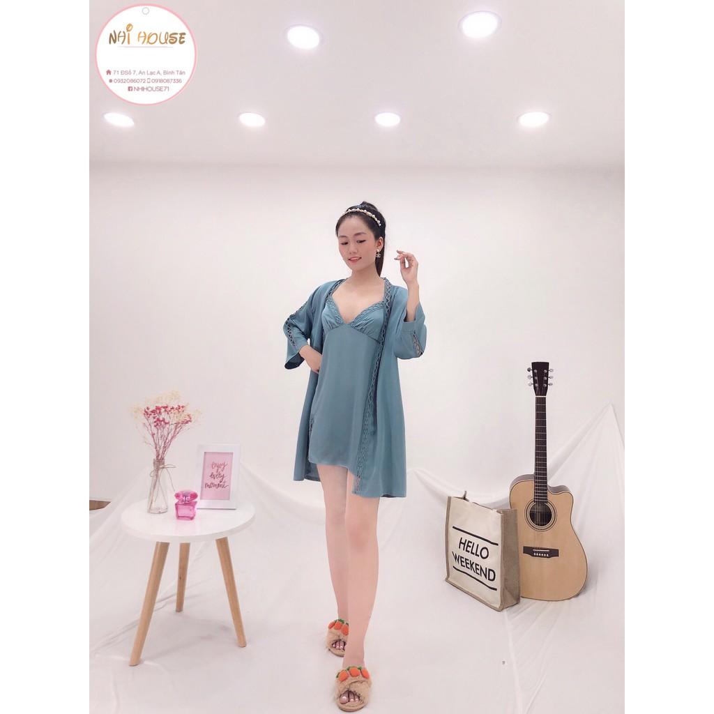 BỘ KIỂU ĐẦM NGỦ KHOÁC ÁO NHIHOUSE71 ĐẦM 2 DÂY ÁO KHOÁC DÀI TAY PHỐI REN KIỂU QUÝ PHÁI FREESIZE DƯỚI 55KG