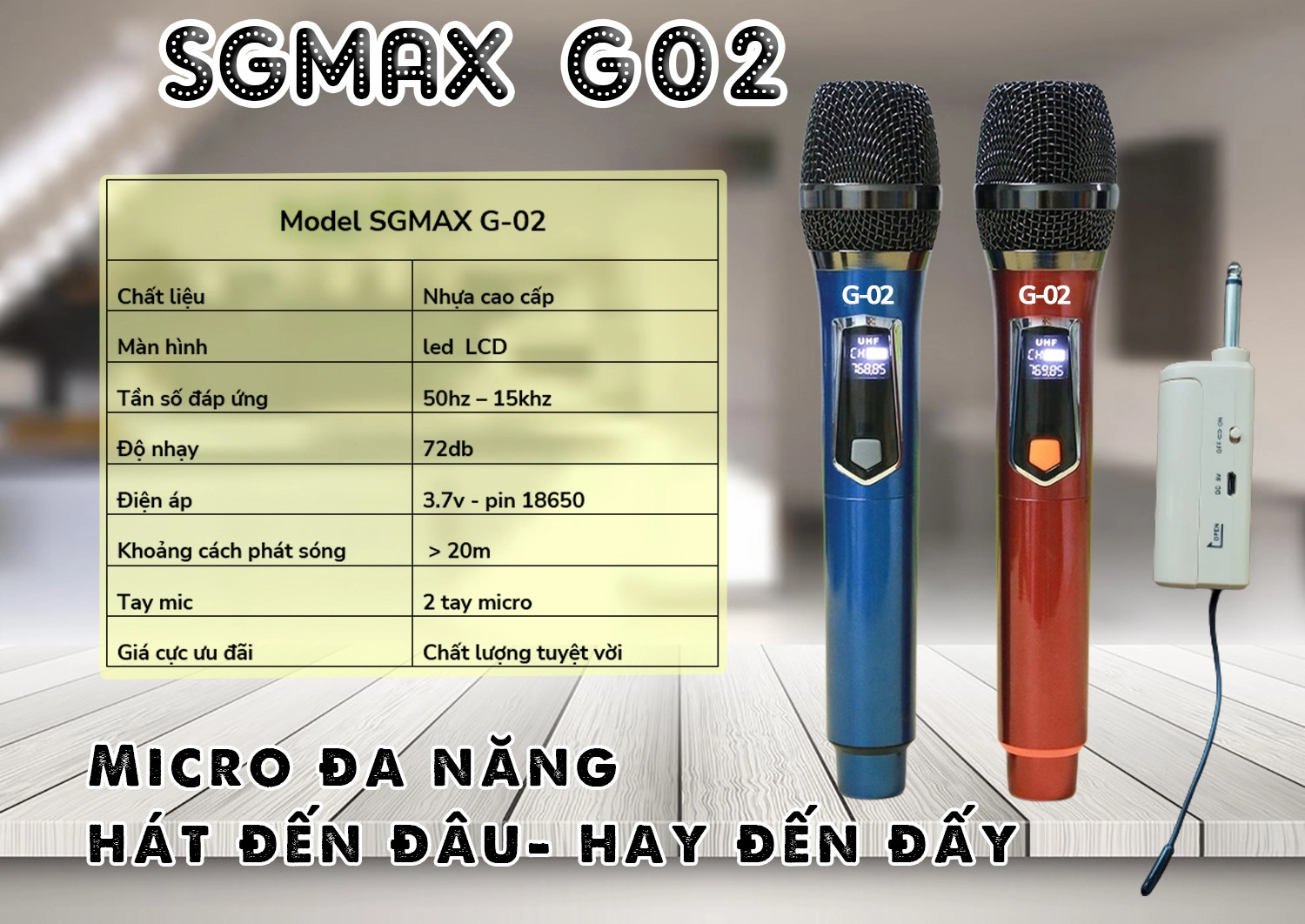 Combo 2 Micro Không Dây karaoke SGMAX G02 Chuyên Dùng Cho loa kéo, amply siêu hay mic dùng pin sạc tiện lợi micro nhẹ hút âm chống hú tốt