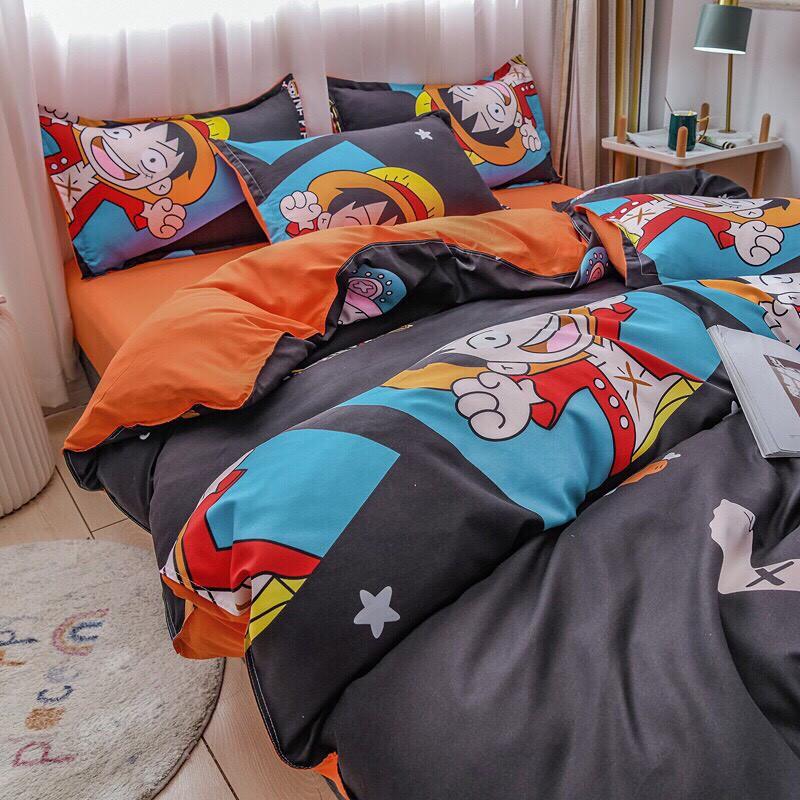 Bộ chăn ga gối Cotton poly M2T Bedding Lufy mũ rơm, vỏ chăn mền, drap nệm và 2 vỏ gối