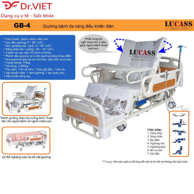 Giường bệnh đa năng Lucass GB-4 (GB-4E) Chính hãng- Xuất xứ Mỹ, giao hàng hoả tốc tận nơi, chức năng linh hoạt nên có thể hỗ trợ người già,đi lại khó khăn