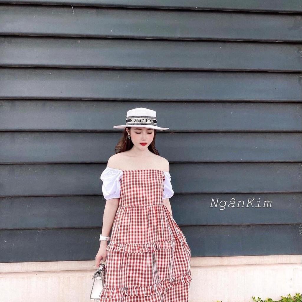 Váy bầu kẻ cổ vuông tay trắng