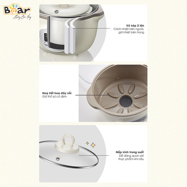 Nồi nấu chậm Bear SUBE002 1,6L màu nâu với 7 chức năng cho các hoạt động: Nấu, hấp, hầm cách thủy, giữ 100% giá trị dinh dưỡng, ... có ruột nồi bằng sứ cao cấp