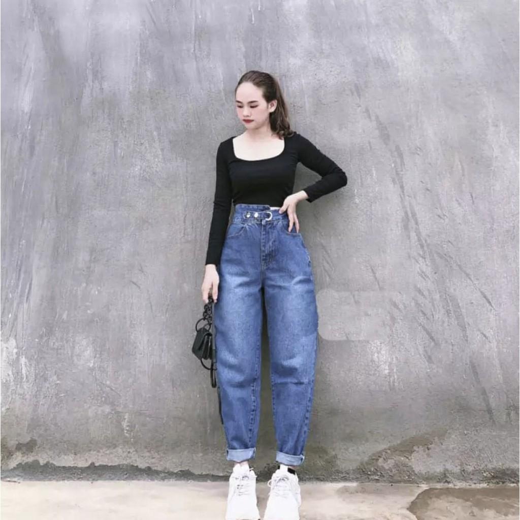 Quần bò jeans nữ dáng baggy lưng siêu cao 2 nút ,đai chéo, thời trang mới tại thuydieushop96 bg1