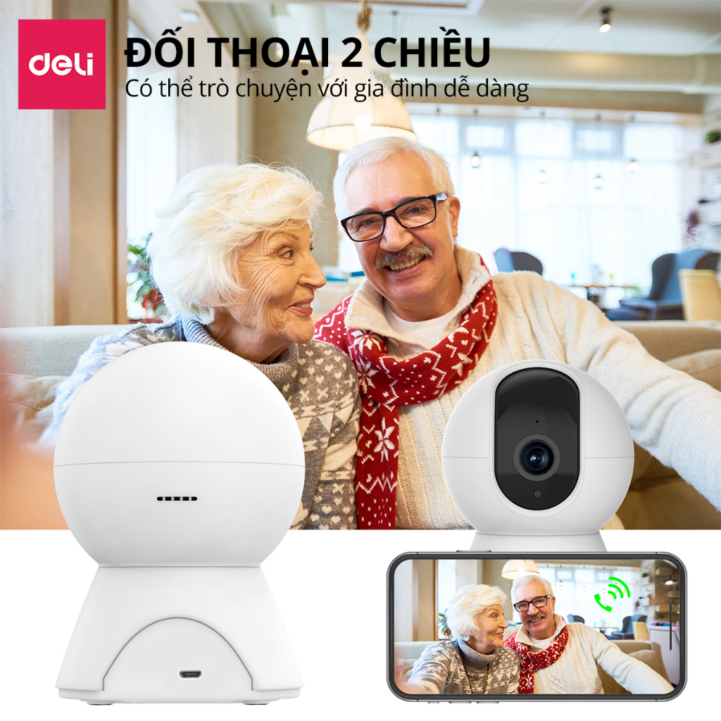 Camera Wifi IP DELI Full HD 2M Xoay 360 Độ Giám Sát Gia Đình, Văn Phòng, Điều Khiển Từ App Kèm Thẻ Nhớ 128GB - Hàng Chính Hãng - ES105