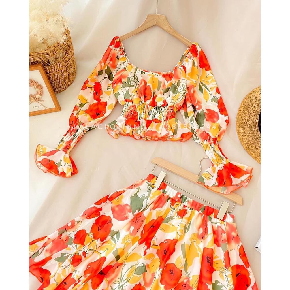Set áo hoa tay dài chân váy xoè LalaClothing