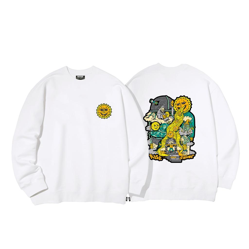 Áo sweater nam nữ local brand NIGUST Rise and Shine N201 chất liệu nỉ da cá form rộng màu đen trắng Fullbox
