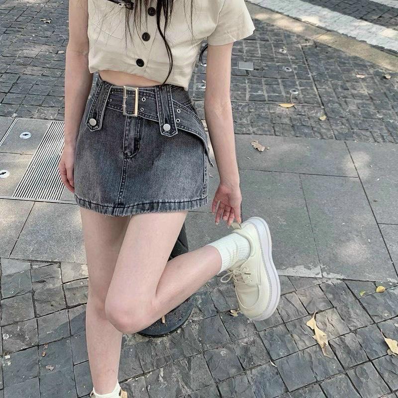 Chân Váy Jeans Nữ Dây Đai Dáng Ngắn Cạp Lưng Cao