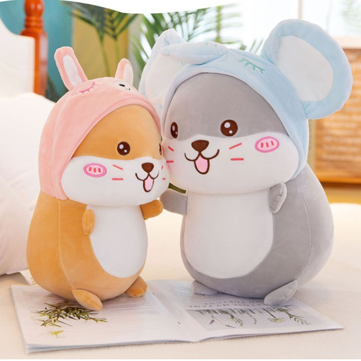 Gấu bông, Gối Ôm chuột hamster mũ xanh siêu cute, Thú nhồi bông chuột hamster mũ xanh siêu cute, Gấu bông sang trọng, Đồ chơi thú bông