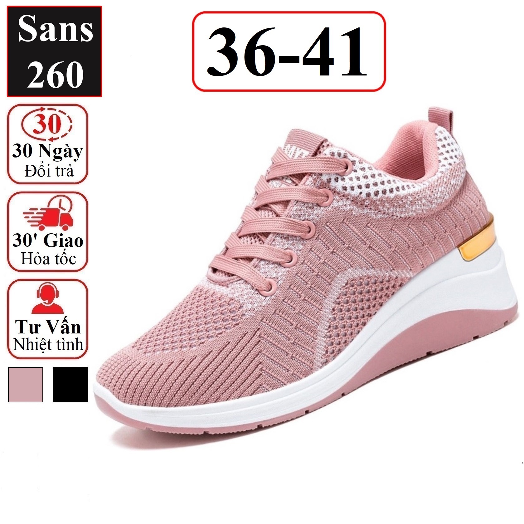 Giày thể thao nữ đế cao 5cm Sans260 màu hồng đen fullbox sneaker đẹp cá tính bigsize big size 40 41 êm chân thoáng khí