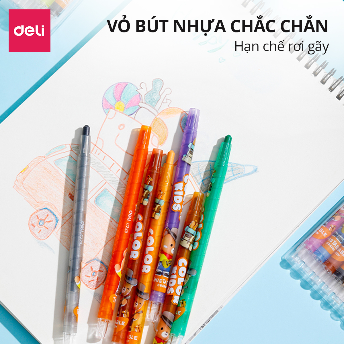 Bút Sáp Vặn Gấu Con Deli - 12/24 Màu Sáp Tươi Sáng Lên Màu Chuẩn An Toàn Cho Trẻ Nhỏ Học Sinh Tô Vẽ Tranh