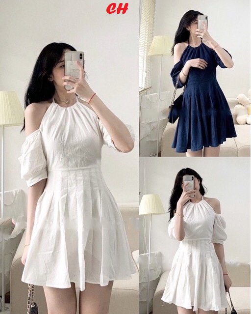 Váy cổ yếm hở vai dáng xòe điệu đep tiểu thư