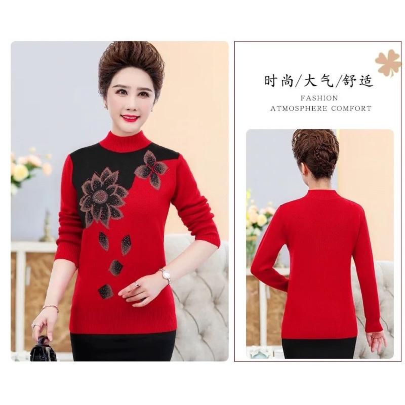 Áo len trung niên cổ cao phối họa tiết hoa sen_áo ấm thu đông cho bà cho mẹ