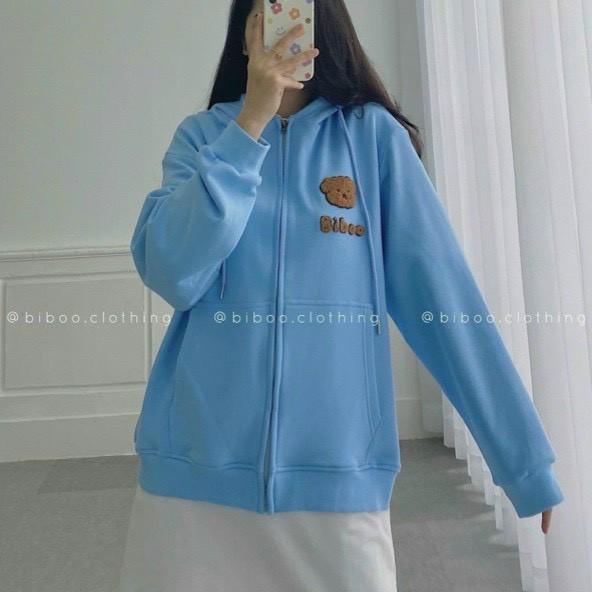 Áo Khoác Hoodie Nỉ Bông Gấu BIBOO Khoác Zip Form Rộng Unisex Nam Nữ Ulzzang