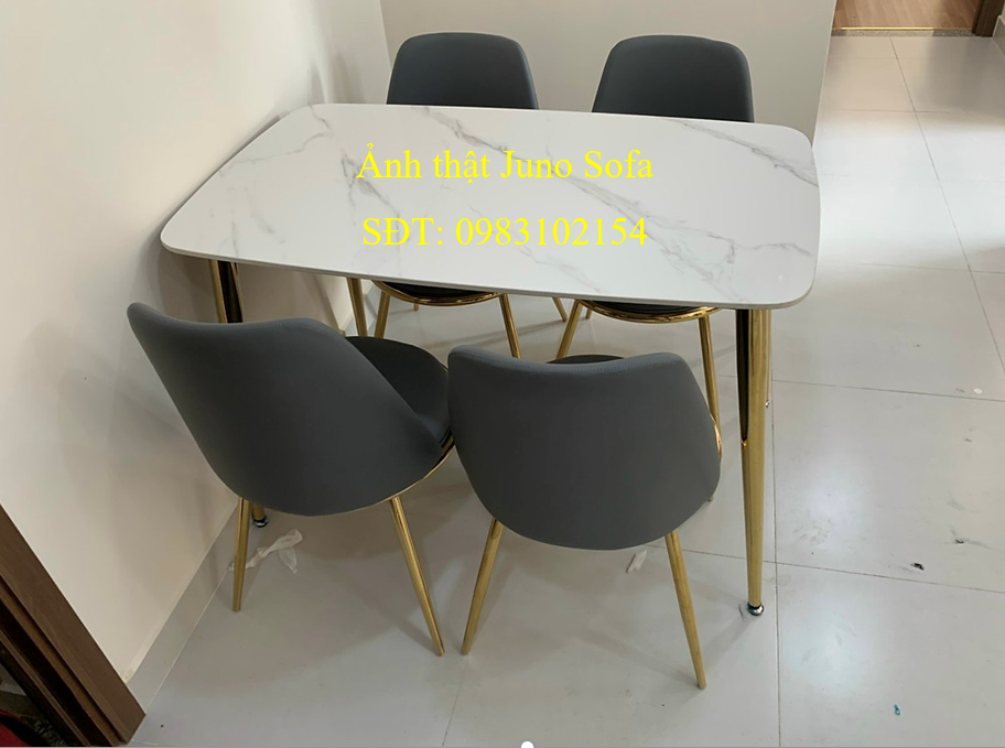 Bàn ăn mặt đá vân mây 4 ghế chân mạ Juno Sofa