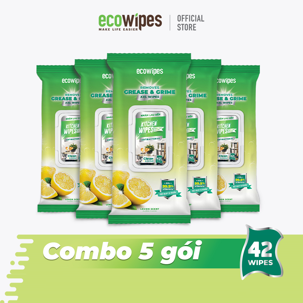 Combo 05 gói khăn giấy ướt lau bếp Kitchen Wipes gói 42 tờ làm sach khử mùi nhanh chóng