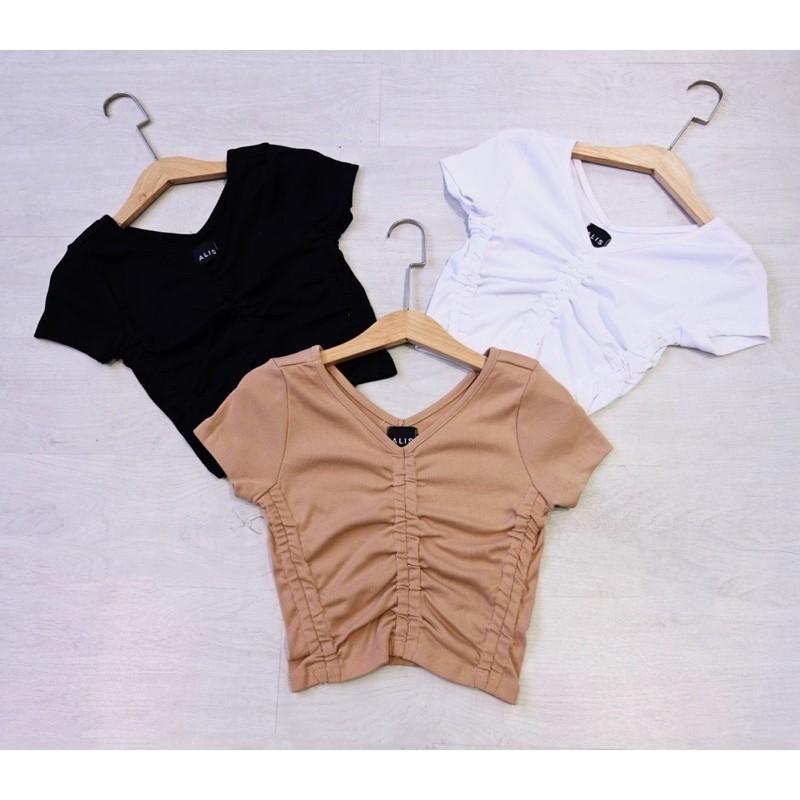 Áo Croptop Thun Gân Kiểu Nhún Rút Dây Ngắn Tay Thời Trang From Ôm Body Chuẩn Dáng Siêu Xinh Giá Rẻ Hở Eo Vải Dày Cá Tính
