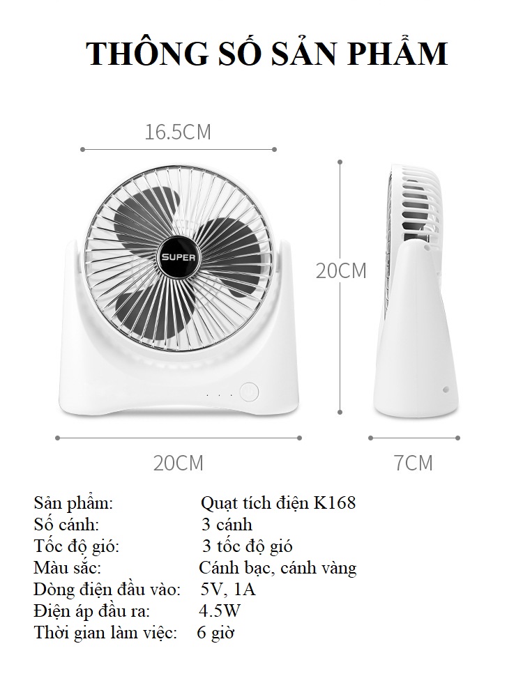 Quạt Mini Để Bàn Sạc Pin Tích Điện Super Fan, Quạt Để Bàn 3 Tốc Độ Gió, Tích Hợp Chế Độ Gập Thông Minh