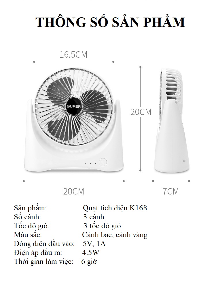 Quạt Mini Để Bàn Tích Điện Pin Sạc K0168 Kiểu Dáng Sang Trọng
