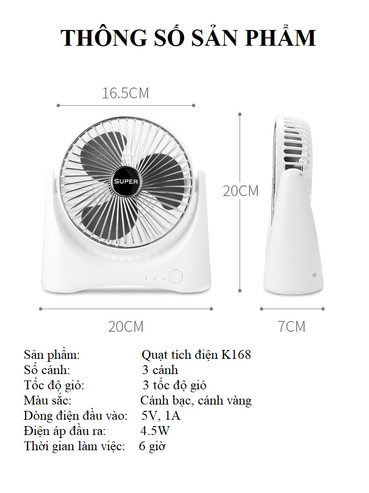 Quạt Mini Để Bàn Tích Điện Pin  Sạc K0168 Kiểu Dáng Sang Trọng