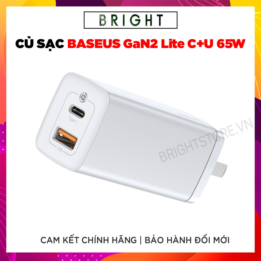 Củ Sạc Siêu Nhanh, Nhỏ Gọn Baseus GaN2 Lite Quick Charger 65W ( Type-C + USB Port) - Hàng Chính Hãng