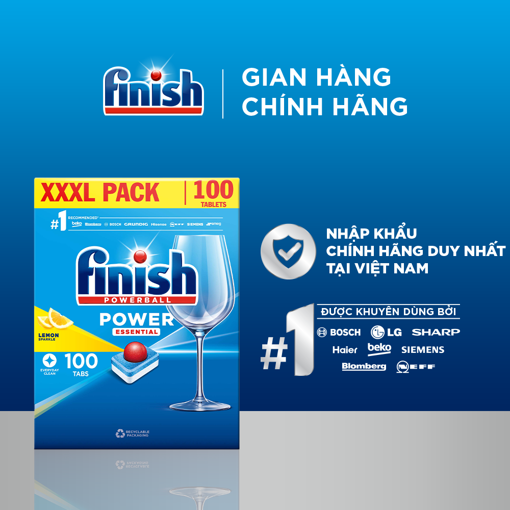 Combo Viên Rửa Chén Powerball Power Essential Lemon Sparkle - Túi 100 viên + Nước làm bóng Finish Rinse &amp; Shine Aid 500ml