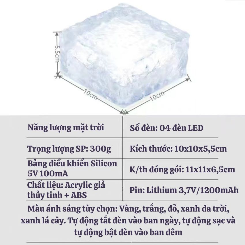 Đèn LED Năng Lượng Mặt Trời Hình Đá Viên Gạch Pha Lê Chống Thấm Nước Trang Trí Lối Đi Ngoài Trời