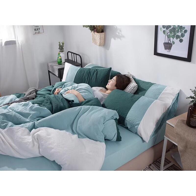 Set Bộ vỏ chăn ga gối cotton đũi phối 3 màu cao cấp - xanh đậm trắng đẹp