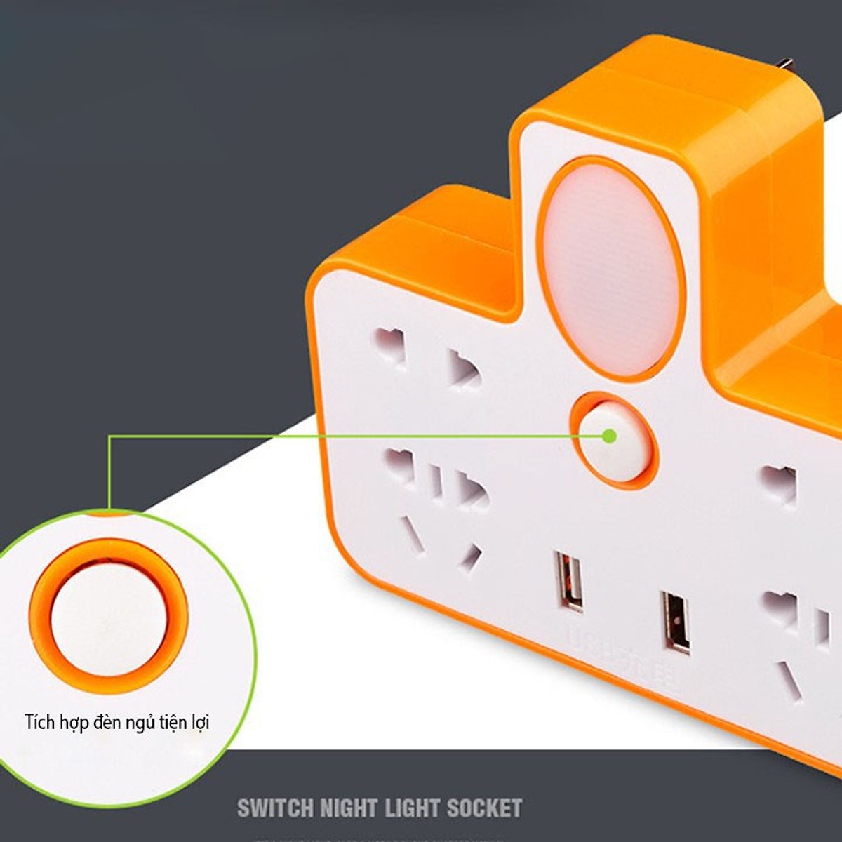 Ổ Điện Cao Cấp Hình Chữ T Đa Năng Kiêm Đèn Ngủ Tiện Dụng Sử Dụng 2 Cổng Sạc USB Có Vỏ Bọc An Toàn