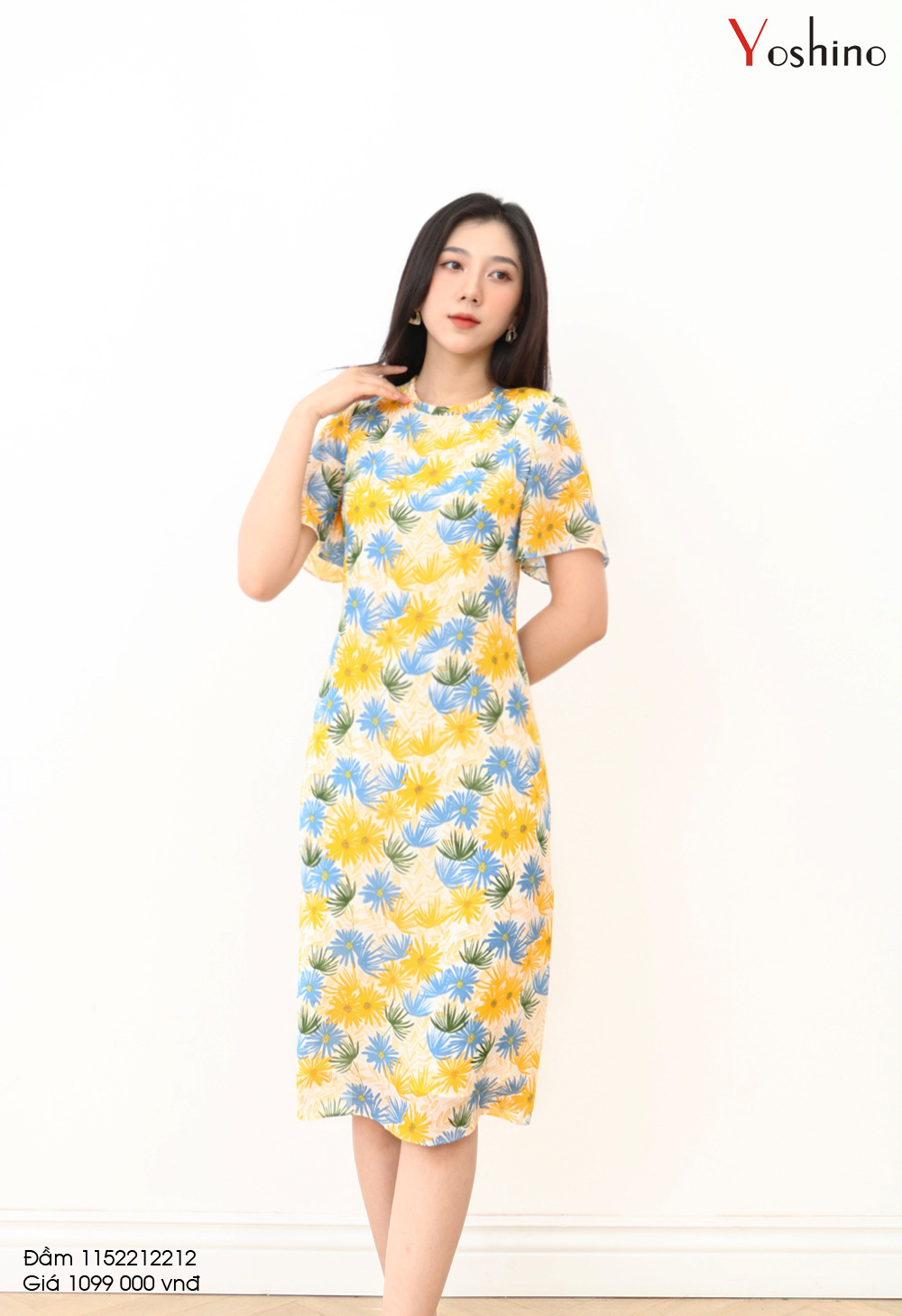 Đầm Công Sở Thiết Kế YOSHINO Dáng Suông, Họa Tiết Hoa, Thiết Kế Bèo Nhún Ở Cổ, Chất Chiffon 1152212212