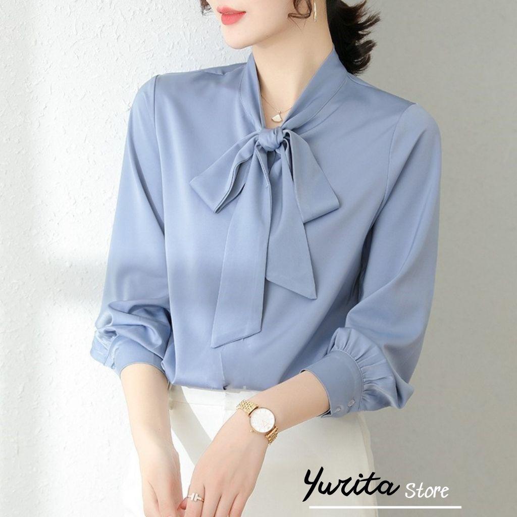 Áo Sơ Mi Kiểu Công Sở Đẹp YURITA Tay Dài Cổ Thắt Nơ Màu Xanh Chất Lụa Cao Cấp From Rộng Hàn Quốc Ulzzang Vintage A1X