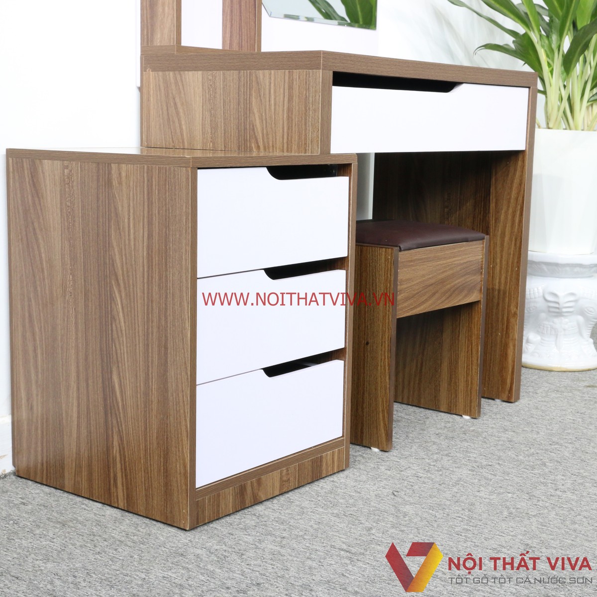 Bàn Trang Điểm 2 Tầng Gỗ MDF Melamine Màu Óc Chó Phối Trắng Hiện Đại