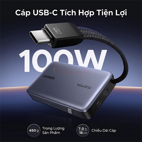 Sạc dự phòng Ugreen Power Bank Built-In Dual Cable 25cm 1USB 2Type-C 145W 20000mAh PB551 55992B - Hàng chính hãng