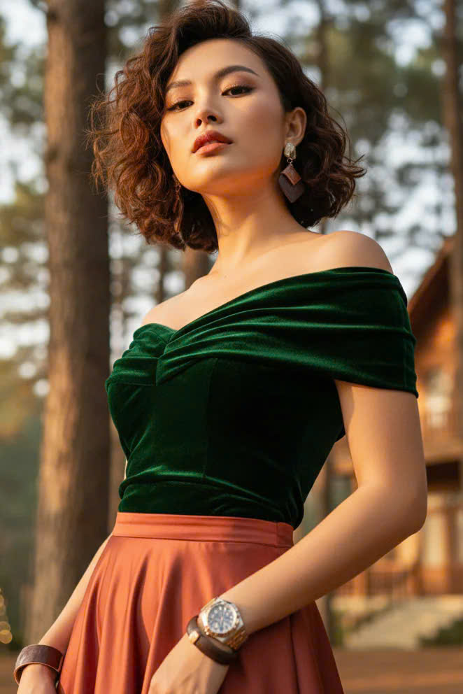 Áo Kiểu Nữ Cao Cấp Áo Trễ Vai Nhung Xanh Thời trang thiết kế Hity TOP115